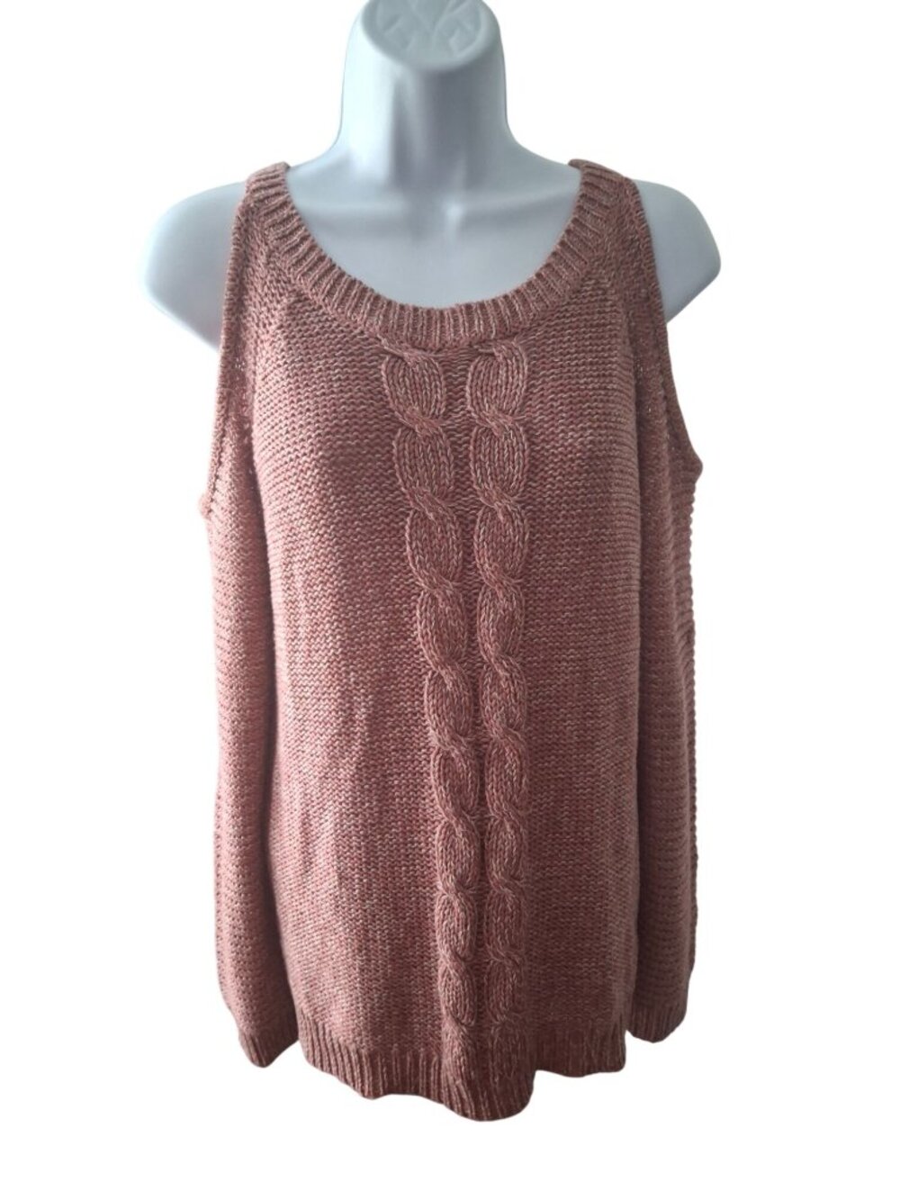 Alfa Dusty Pink Cold Shoulder Cable Knit Sweater M Coquette Cottagecore Soft